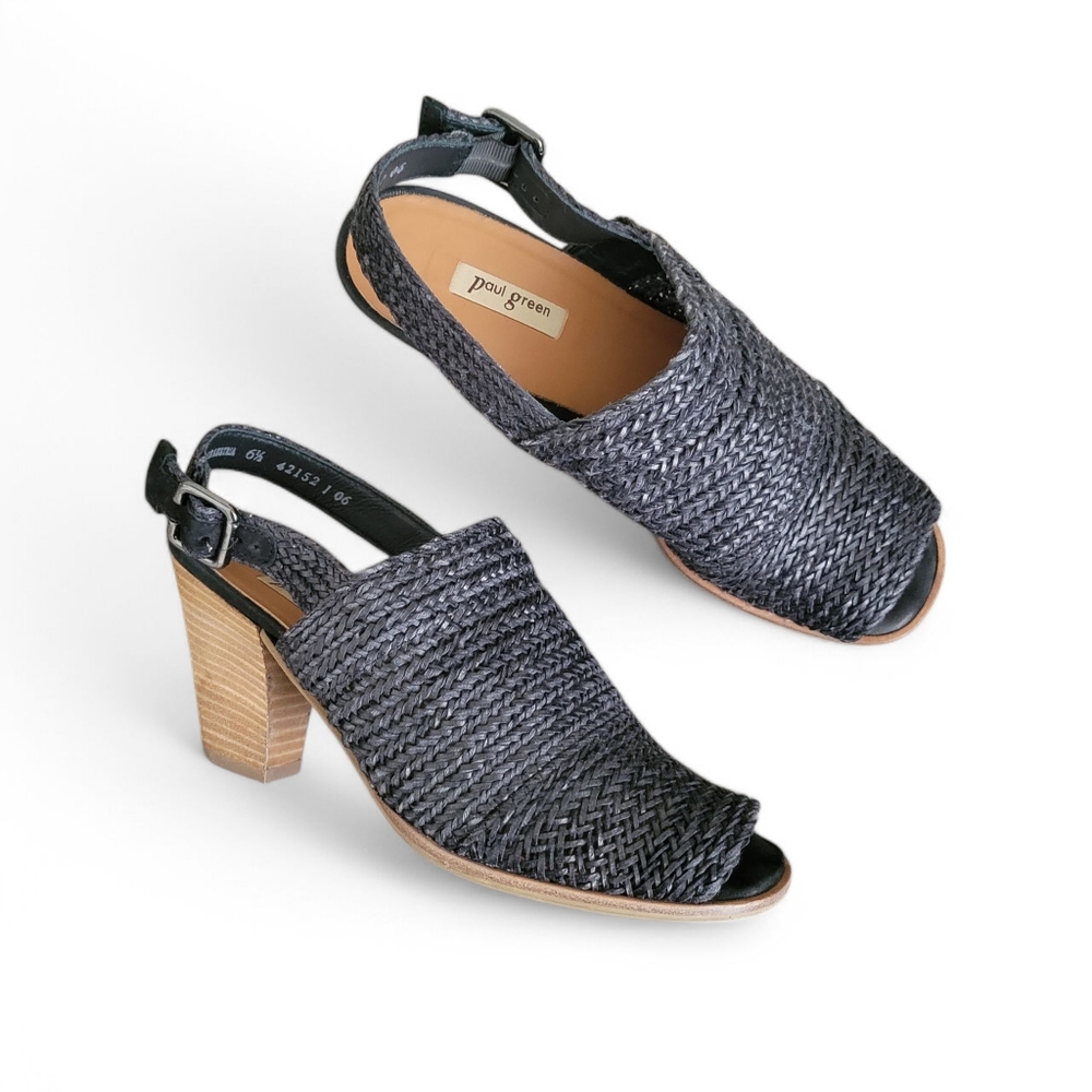 Paul Green Lovely Woven Genuine Leather Classic Heeled Sandals - black - size 9
